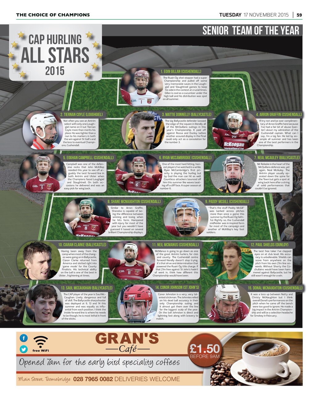 Matthew Donnelly, Neal McAuley, Ciaran Clarke and Saul McCaughan named in County Antrim Post’s Senior Hurling Championship team of the year 2015