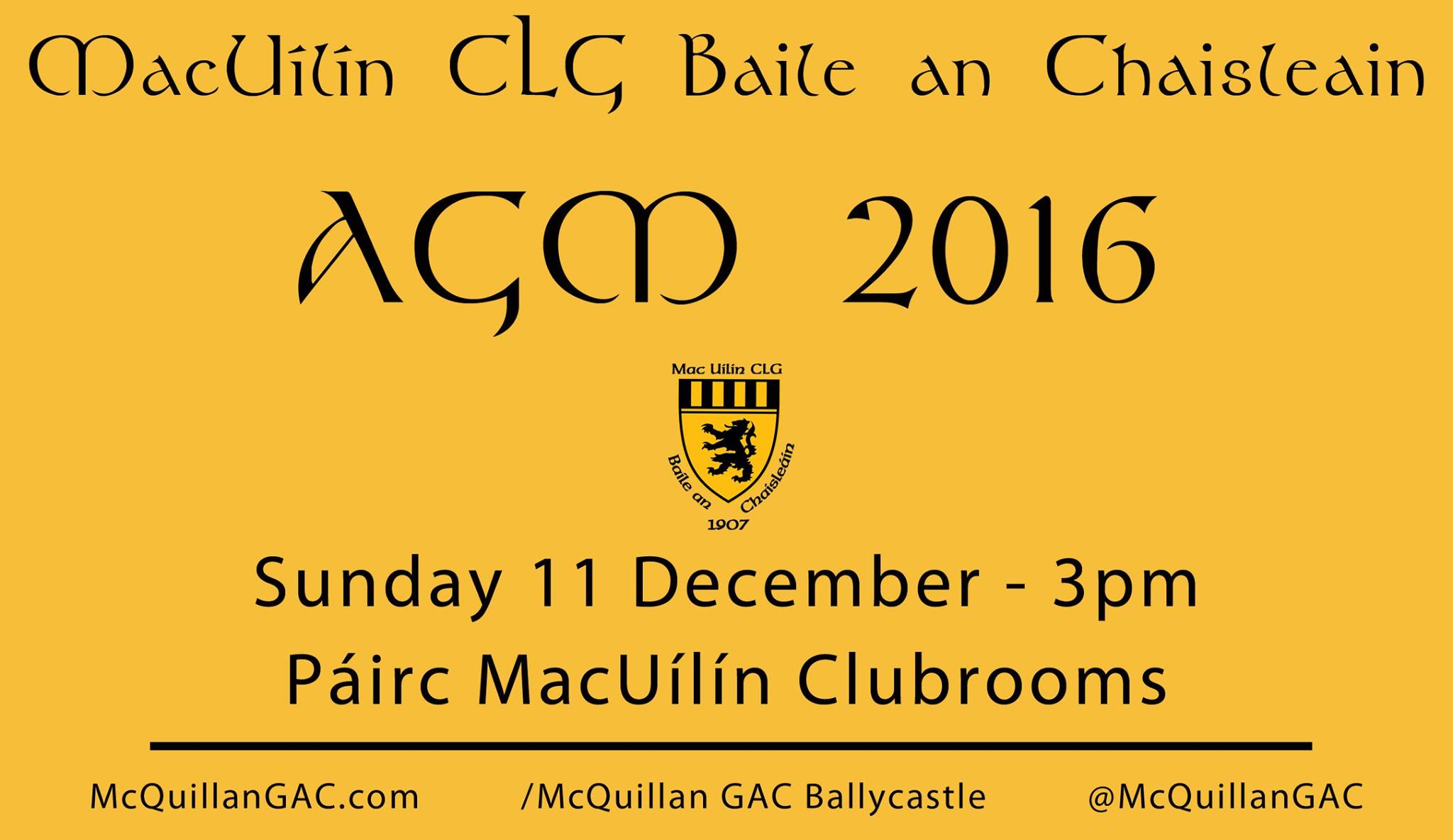 MacUílín CLG Baile an Chaisleáin Annual General Meeting – Sunday 11 December 2016