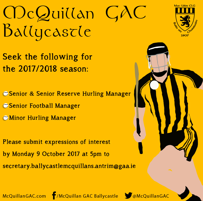 McQuillan GAC Ballycastle seek managers for the 2017/2018 season